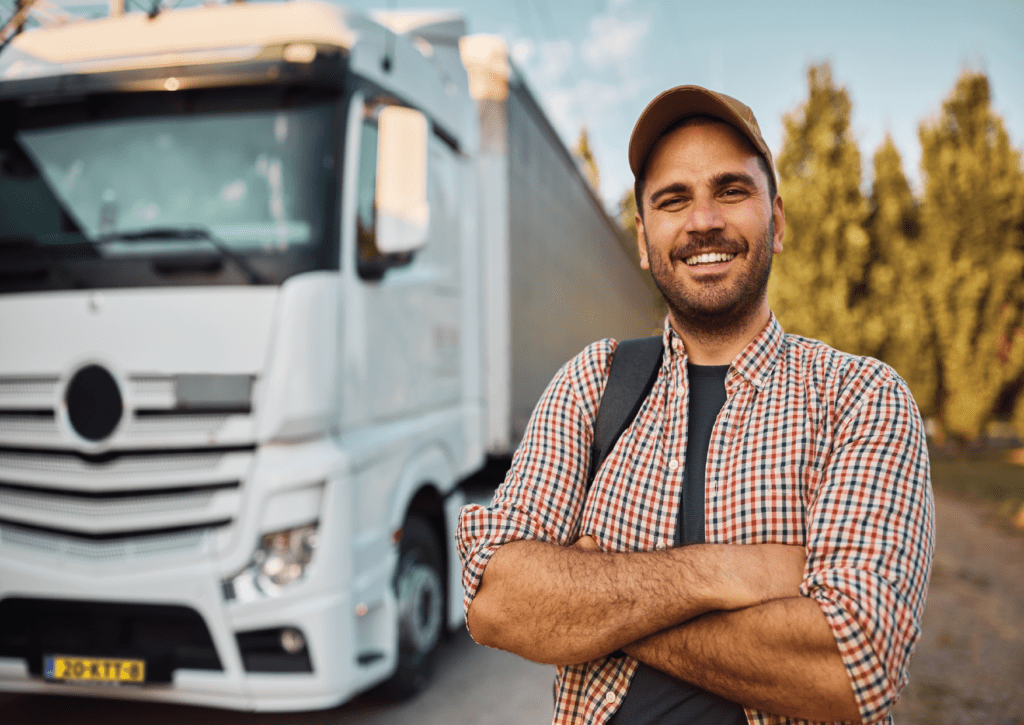 Vrachtwagen chauffeur naast vrachtwagen