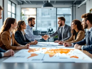 Diverse professionals uit Oost-Europa en Nederland schudden handen rond conferentietafel met wereldkaart in lichte kantoorruimte, symboliserend internationale technische werving.