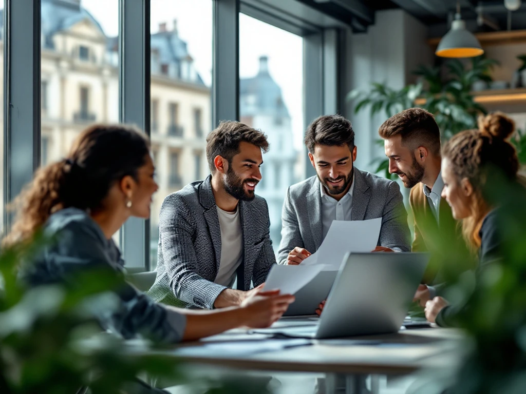 Een divers team werkt samen in een modern Europees kantoor met veel natuurlijk licht, symboliserend inclusiviteit en innovatie.