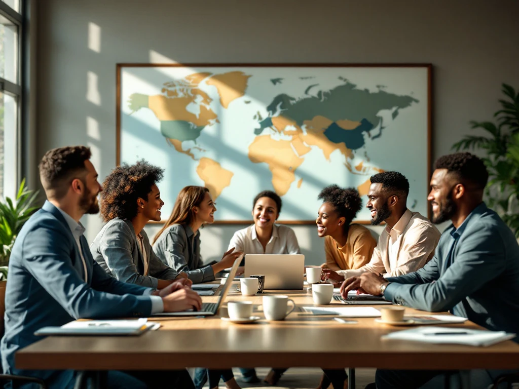Medewerkers van diverse culturele achtergronden in een moderne kantooromgeving zitten rond een tafel voor een productieve vergadering.