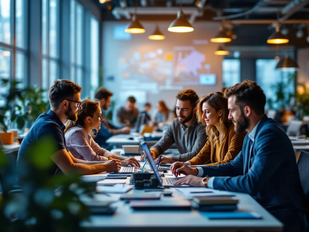 Een moderne, drukke Nederlandse kantooromgeving met diverse Oost-Europese en Nederlandse professionals die samenwerken.