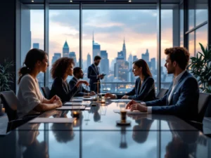 Een diverse groep professionals in formele kleding bespreekt strategie in een stijlvol kantoor met een stadsuitzicht en juridische symbolen.