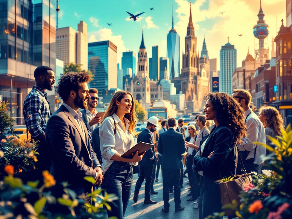 Een drukke Europese stad met diverse professionals in gesprek, symboliserend de internationale arbeidsmarkt en samenwerking.