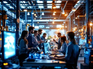 Professionals in een Nederlandse industriële setting, omgeven door geavanceerde technologie, symboliseren innovatie en internationale samenwerking.
