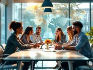 Een diverse groep professionals werkt samen aan een moderne vergadertafel in een zonovergoten kantoor met wereldkaart op glazen wand.