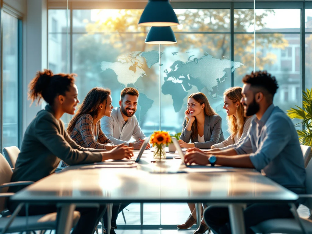 Een diverse groep professionals werkt samen aan een moderne vergadertafel in een zonovergoten kantoor met wereldkaart op glazen wand.