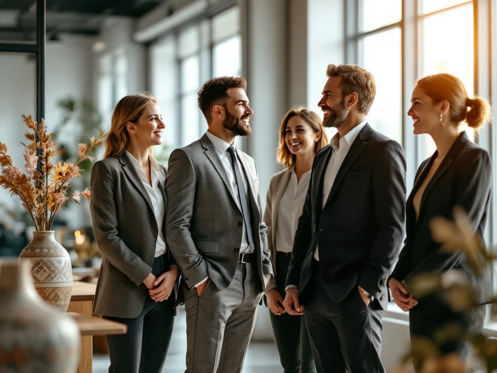 Een diverse groep professionals in een modern kantoor, symboliserend internationale werving en het overwinnen van taalbarrières.