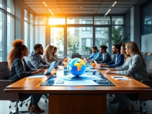 Professionals in een modern kantoor bespreken technische onderwerpen rond een tafel, met een wereldbol als symbool voor Eastmen's internationale bereik.