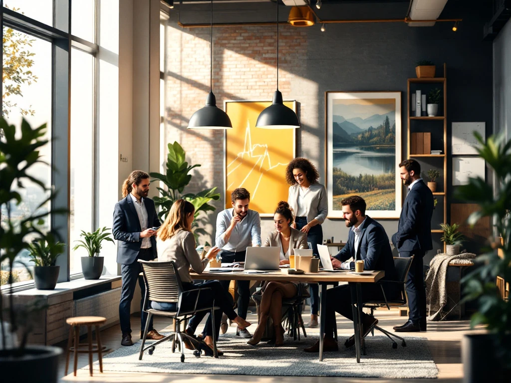 Een diverse groep Oost-Europese professionals werkt samen in een modern Nederlands kantoor met zonlicht en culturele elementen.