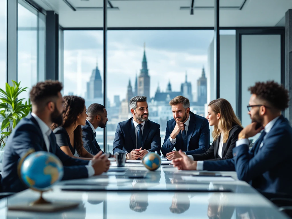 Professionals in formele kleding vergaderen in een modern kantoor met uitzicht op een Nederlandse stad, symbool voor internationale rekrutering.