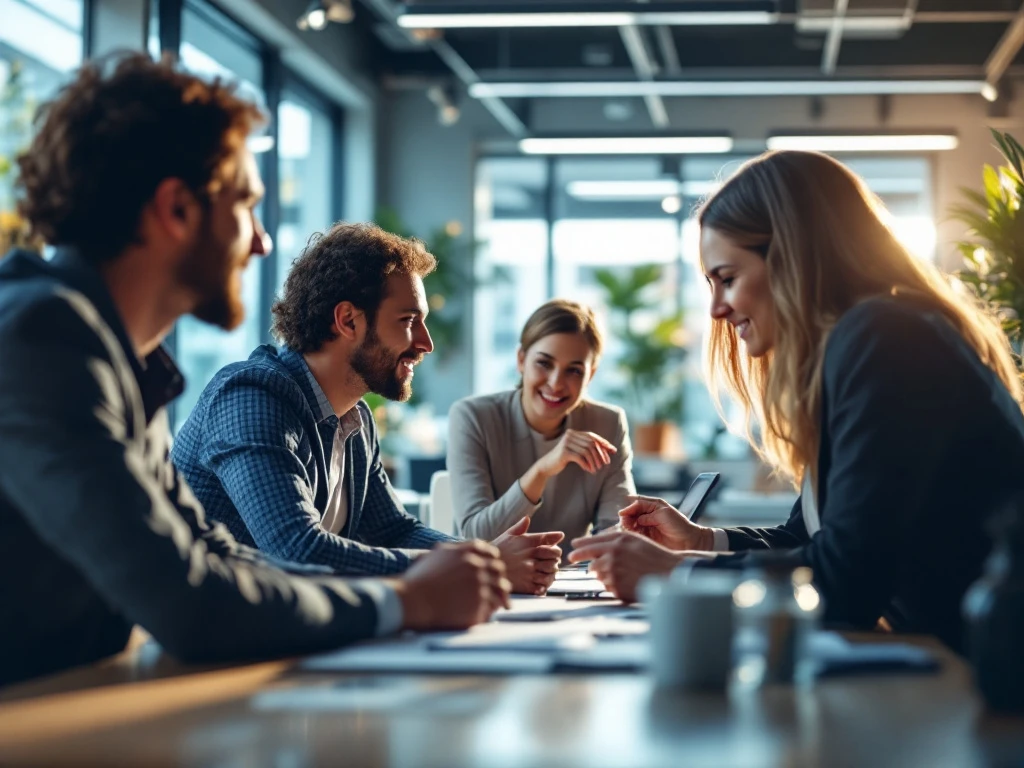 Professionals van diverse sectoren vergaderen in een modern kantoor, belicht door natuurlijk licht, symboliserend samenwerking en innovatie.