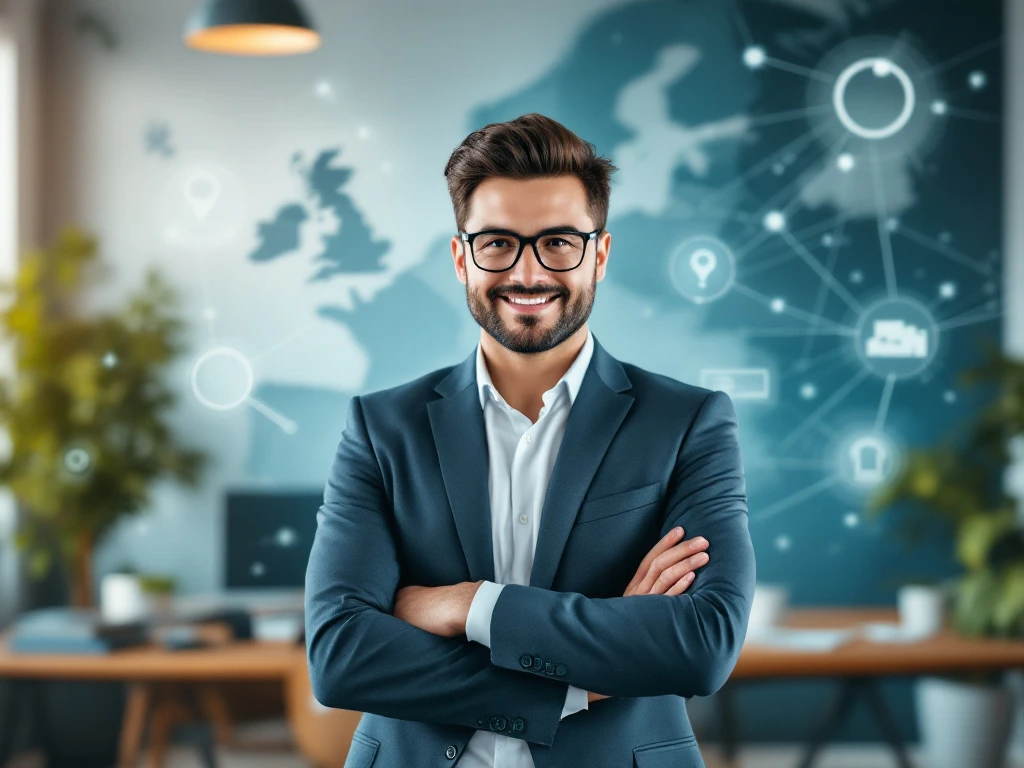 Een zelfverzekerde recruiter in een modern kantoor met symbolen van werving, omlijst door een kaart van Europa. Kleuren: blauw en groen.