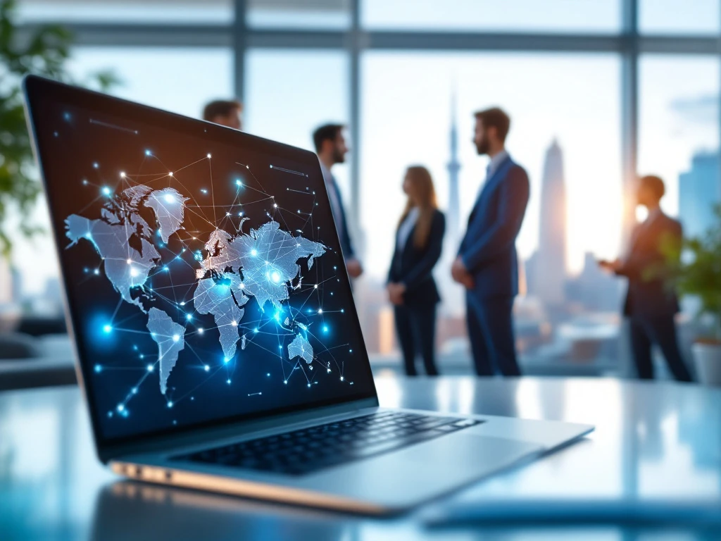 Professionals in bespreking rond laptop met netwerkkaart, moderne kantooromgeving, skyline van Nederlandse stad op achtergrond.