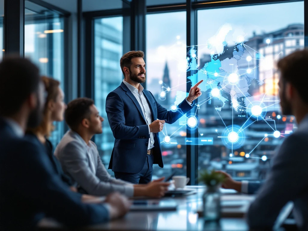 Professionele kantooromgeving met diverse Europese professionals en recruiter van Eastmen bij een digitaal bord, met uitzicht op stad.