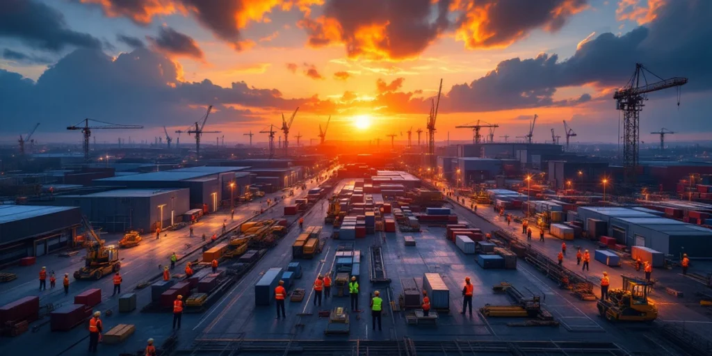 Arbeiders in veiligheidshesjes werken op Nederlandse bouwplaats met magazijnen en kranen bij zonsopgang
