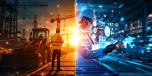 Bouwvakker en wetenschapper verbonden door gloeiende brug tussen industriële en onderzoeksfaciliteit, arbeidsmigratie symboliserend