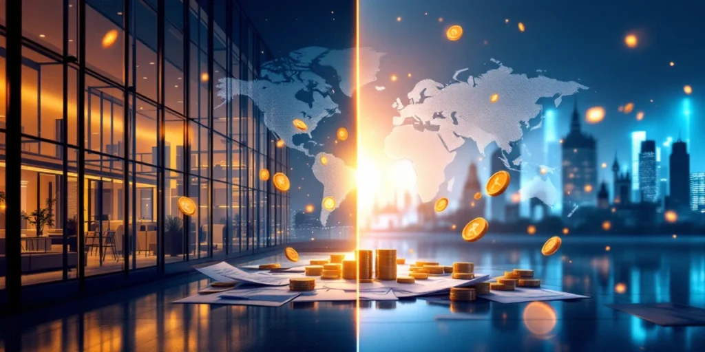 Gesplitst beeld van Nederlandse en internationale belastingjurisdicties met financiële documenten en eurosymbolen ertussen