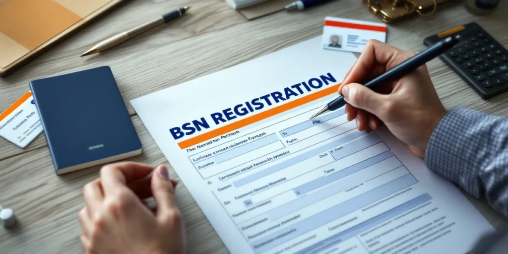 BSN aanvraagformulier wordt ingevuld op bureau met paspoort, verblijfsvergunning en officiële stempels