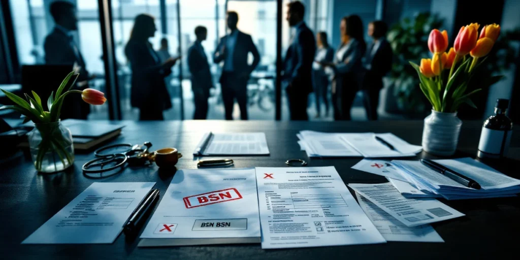 Bureaudesk met Nederlandse overheidsdocumenten, rode X-stempel, BSN-velden en werkvergunningen, wachtende professionals op achtergrond
