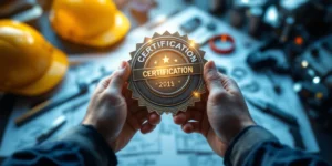 Handen houden glanzend metalen certificeringsbadge vast met technische blauwdrukken en gereedschappen op achtergrond