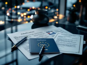Professionele chauffeursdocumenten op bureau: internationaal rijbewijs, EU-paspoort, tachograafkaart en Code 95 certificaat met vrachtwagen silhouet op achtergrond.