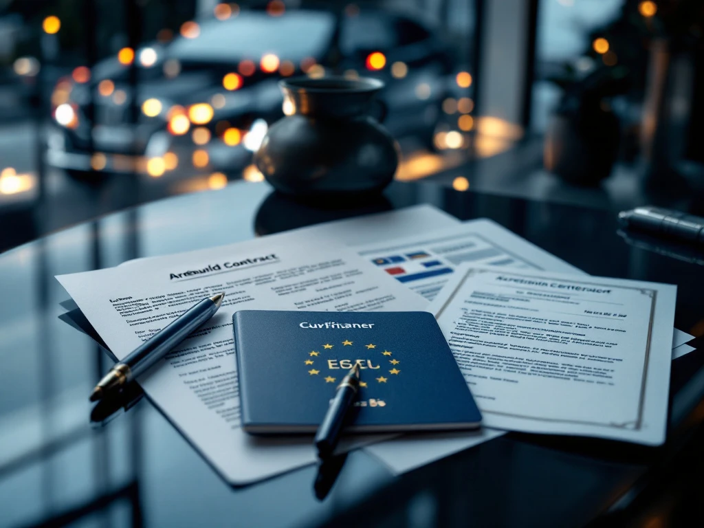 Professionele chauffeursdocumenten op bureau: internationaal rijbewijs, EU-paspoort, tachograafkaart en Code 95 certificaat met vrachtwagen silhouet op achtergrond.