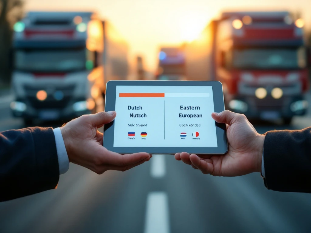 Twee handen wisselen een digitaal vertaalapparaat uit tegen een achtergrond van internationale vrachtwagens op een Europese rustplaats in zonsondergang.