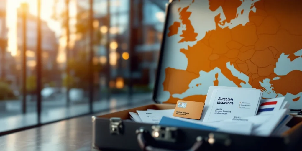 Nederlandse ziekteverzekering en werkvergunningen in open koffer met kantoorgebouw en Europese kaart op achtergrond