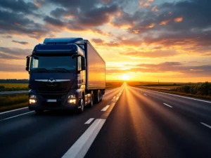 Vrachtwagen op EU-grensovergang bij zonsondergang met uitgespreide transportdocumenten, werkvergunningen en CMR-formulier. Douanekantoren zichtbaar in de verte.