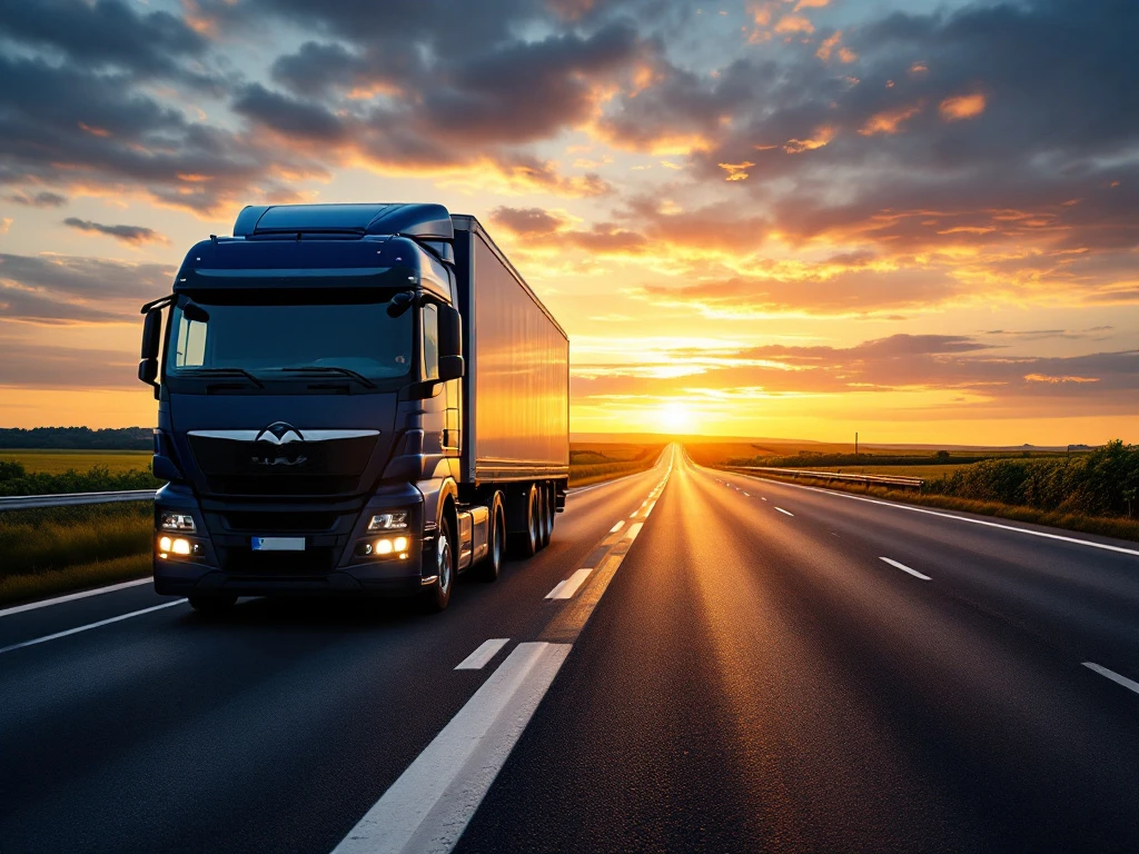Vrachtwagen op EU-grensovergang bij zonsondergang met uitgespreide transportdocumenten, werkvergunningen en CMR-formulier. Douanekantoren zichtbaar in de verte.