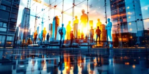 Modern glazen kantoorgebouw weerspiegelt Europees stadsbeeld met silhouetten van professionals, verbonden door blauwe en oranje puzzelstukken