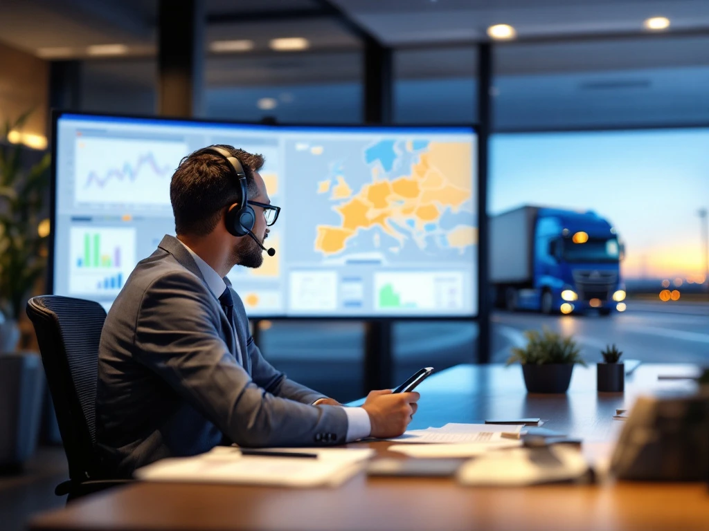 Logistiek medewerker communiceert via headset op modern kantoor met Europese vlaggen, transportdocumenten en logistieke schermen die kaarten van Europa tonen.