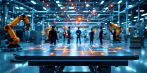 Holografisch netwerk boven werkplek in moderne fabriek met robotarmen en technisch personeel op achtergrond