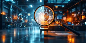 Lege fabriek met robots links, technische werkplek rechts, vergrootglas richt op lege stoel met technische symbolen