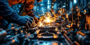Technici in veiligheidskleding werken samen aan hydraulische systemen en elektrische panelen, vonken van laswerk op achtergrond