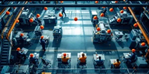 Moderne fabriek met lege werkplekken, zwevende oranje helmen boven stoelen, geavanceerde machines werpen lange schaduwen
