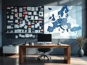 Professioneel bureau met splitsing: links chaotische internationale documenten met Europese vlaggen, rechts netjes georganiseerde mappen in moderne kantooromgeving.
