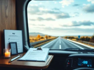 Professionele transportbeoordeling met internationaal rijbewijs en kwalificatiechecklist op bureau, vrachtwagencabine met Europese snelwegweergave en routenavigatie.