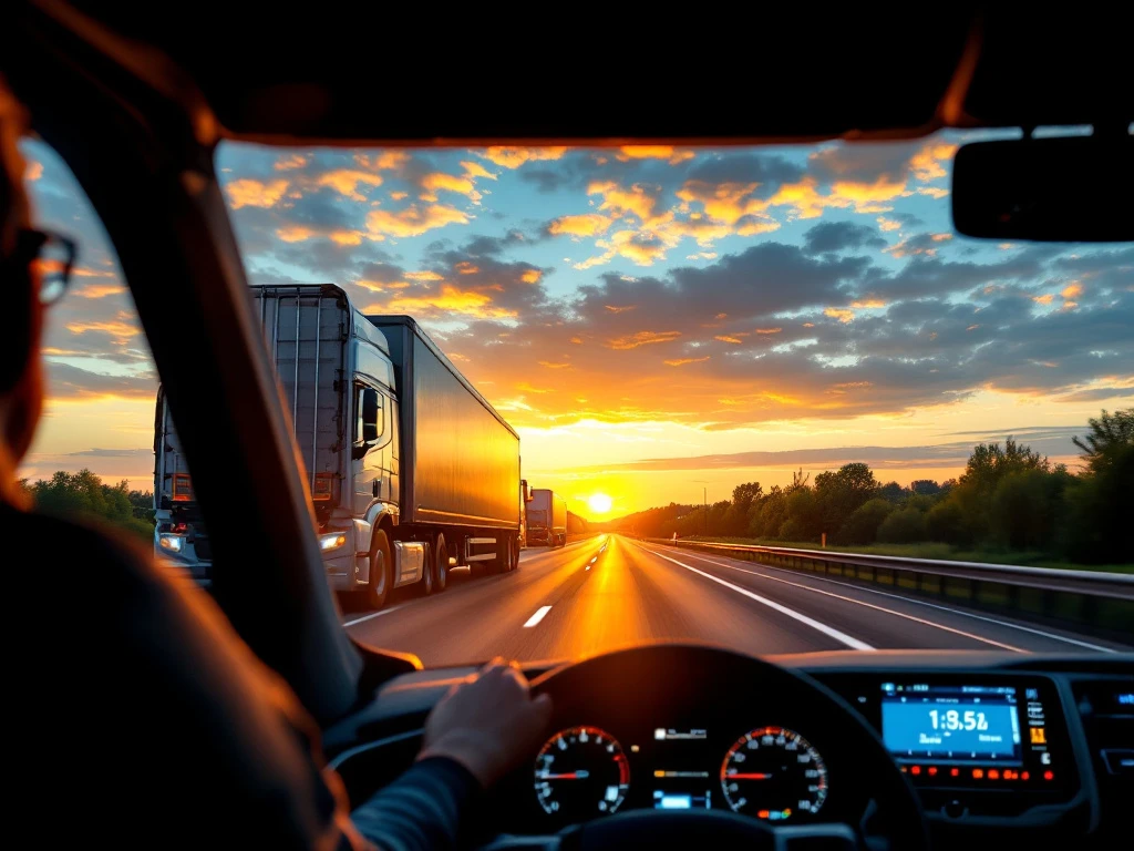 Moderne vrachtwagen op internationale snelweg bij zonsondergang, met Europese nummerplaten en kaart van transportroutes tussen Nederland en Oost-Europa.