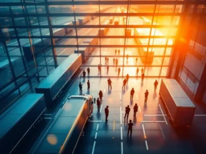 Internationaal transportcentrum vanuit luchtperspectief met vrachtwagens uit diverse Europese landen en dispatch-kantoor waar chauffeurs en managers samenwerken.