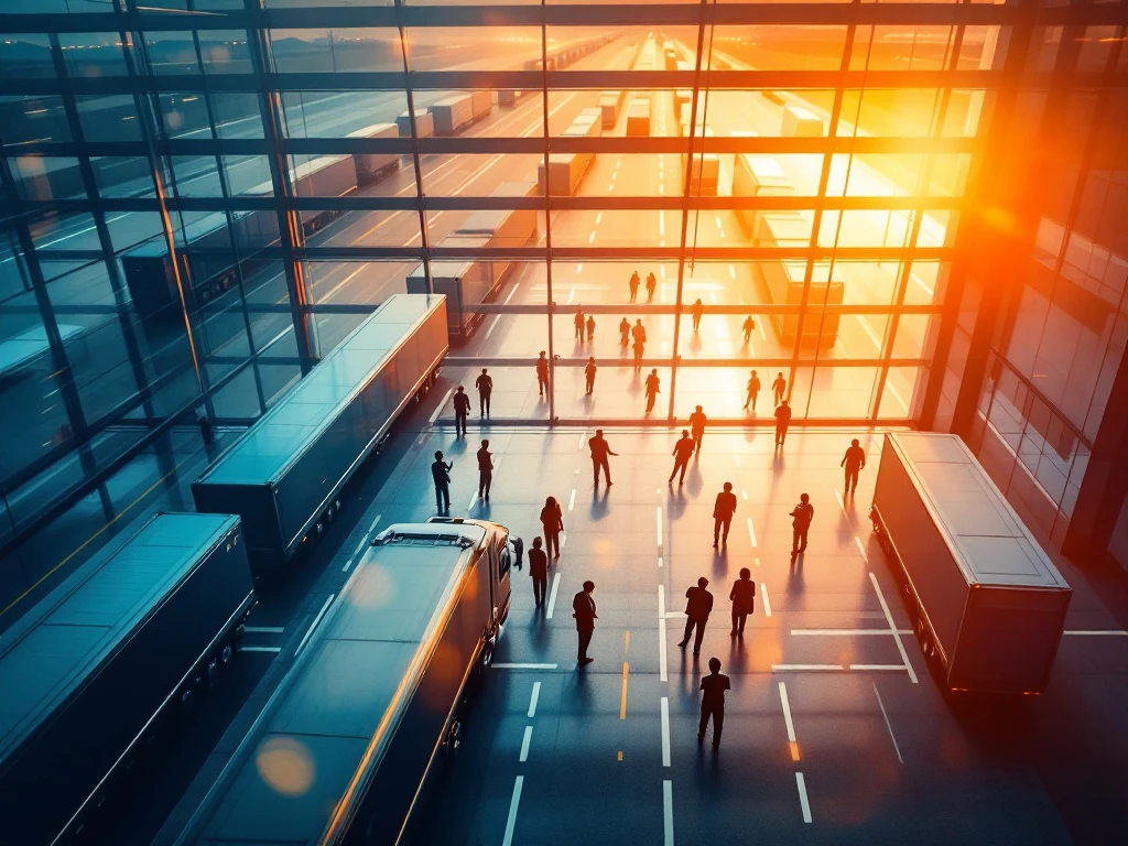 Internationaal transportcentrum vanuit luchtperspectief met vrachtwagens uit diverse Europese landen en dispatch-kantoor waar chauffeurs en managers samenwerken.