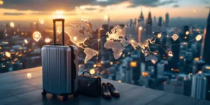 Moderne Europese stad bij gouden uur met zwevende paspoort stempels, open koffer met wereldkaart en zakelijke kleding