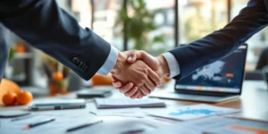 Zakelijke handdruk tussen recruiter en internationale werknemer in modern Nederlands kantoor met werkvergunningen op tafel