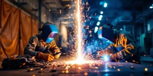 Twee lassers aan het werk: links freelancer in tijdelijke werkplaats, rechts vaste medewerker in moderne fabriek, vonken verbinden beide