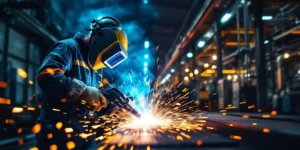 Roemeense lasser met beschermende uitrusting last in Nederlandse industriële faciliteit, vonken vliegen, blauw-wit laslicht