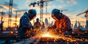 Lasser in veiligheidsuitrusting last stalen balken met oranje vonken op bouwplaats, collega's werken aan industriële constructie