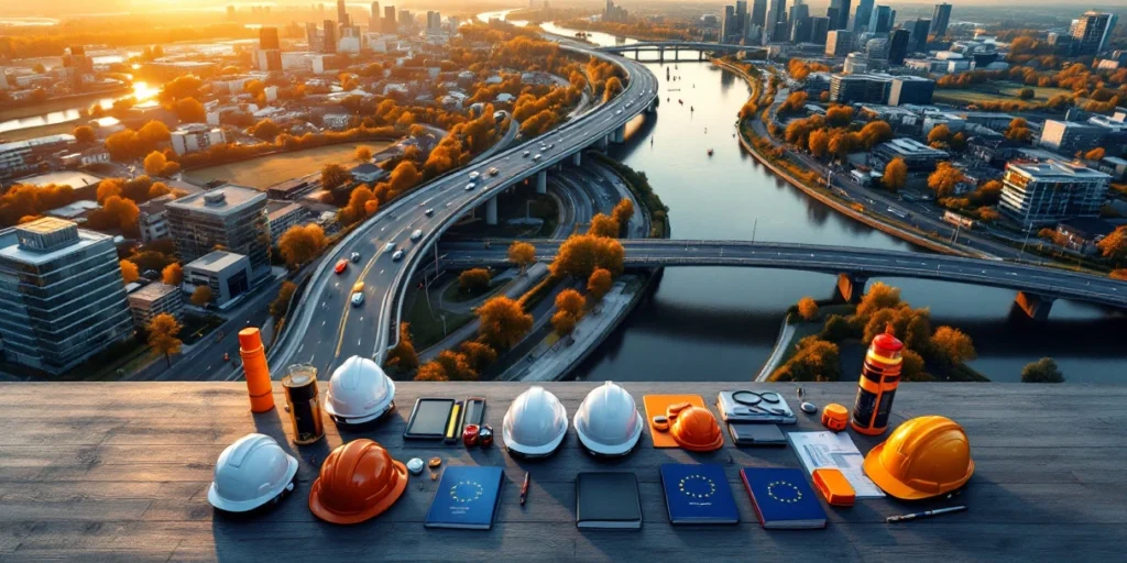 Luchtfoto Nederlands-Duitse grens met moderne kantoren, snelwegbrug en bouwhelmen op voorgrond tijdens gouden uur