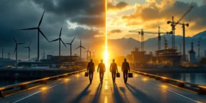 Professionals lopen over gouden lichtbrug tussen Nederland met windmolens en Roemenië met Karpaten, industrie op achtergrond