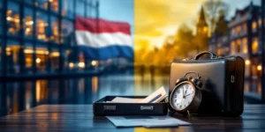 Professionele koffer met documenten en klok voor Nederlandse en Roemeense vlaggen die samenvloeien bij modern kantoorgebouw