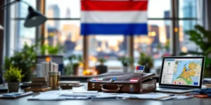 Nederlandse en EU-vlaggen bij bureau met werkvergunningen, visa documenten en laptop met Nederland kaart, Amsterdam op achtergrond